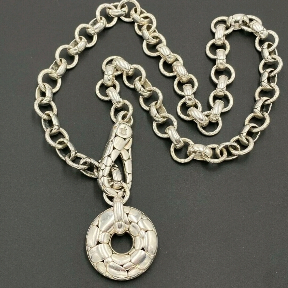 JOHN HARDY STERLING SILVER 925 KALI LINK PEBBLE STONE DONUT CHARM NECKLACE 18"